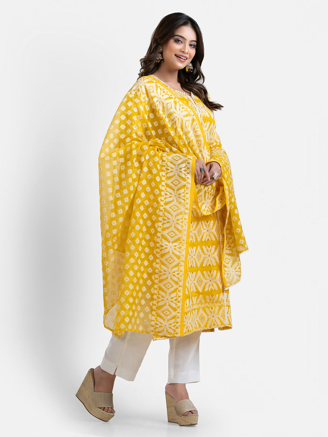 Yellow women's Jamdani print kurti with matching dupatta, stylish ethnic wear by Crazy Needle Online.