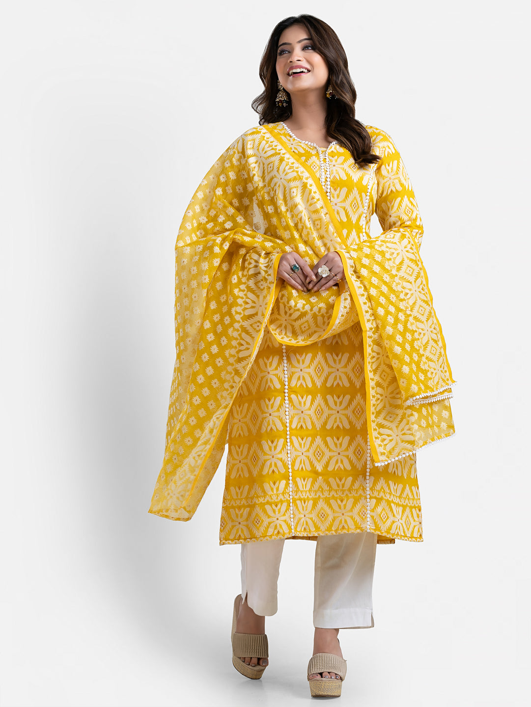 Yellow Jamdani print women's kurti with matching dupatta, casual Indian wear by Crazy Needle Online.