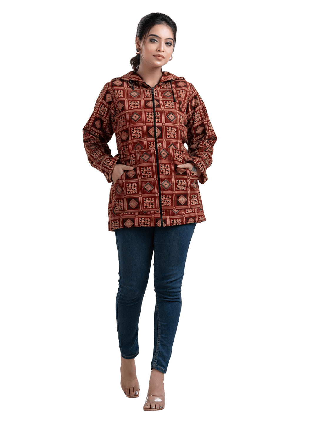 Women's Maroon Cotton Hooded Jacket - Crazy Needle Online