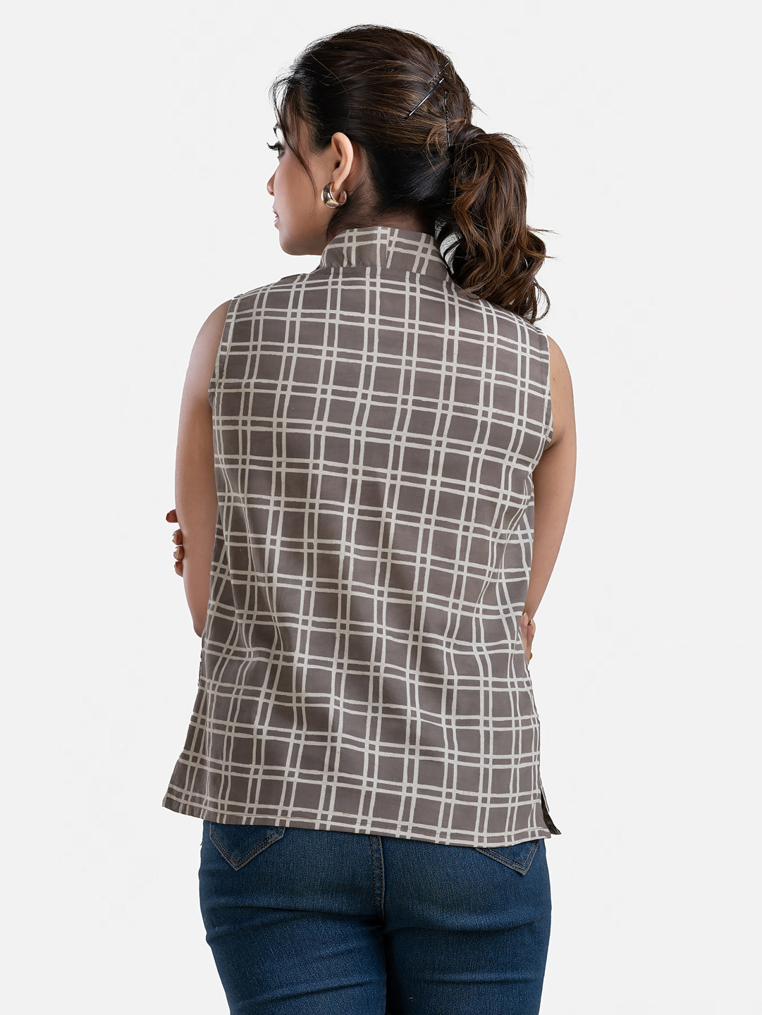 Women's grey cotton V-neck sleeveless top by Crazy Needle Online, showing the relaxed fit and V-neck design.