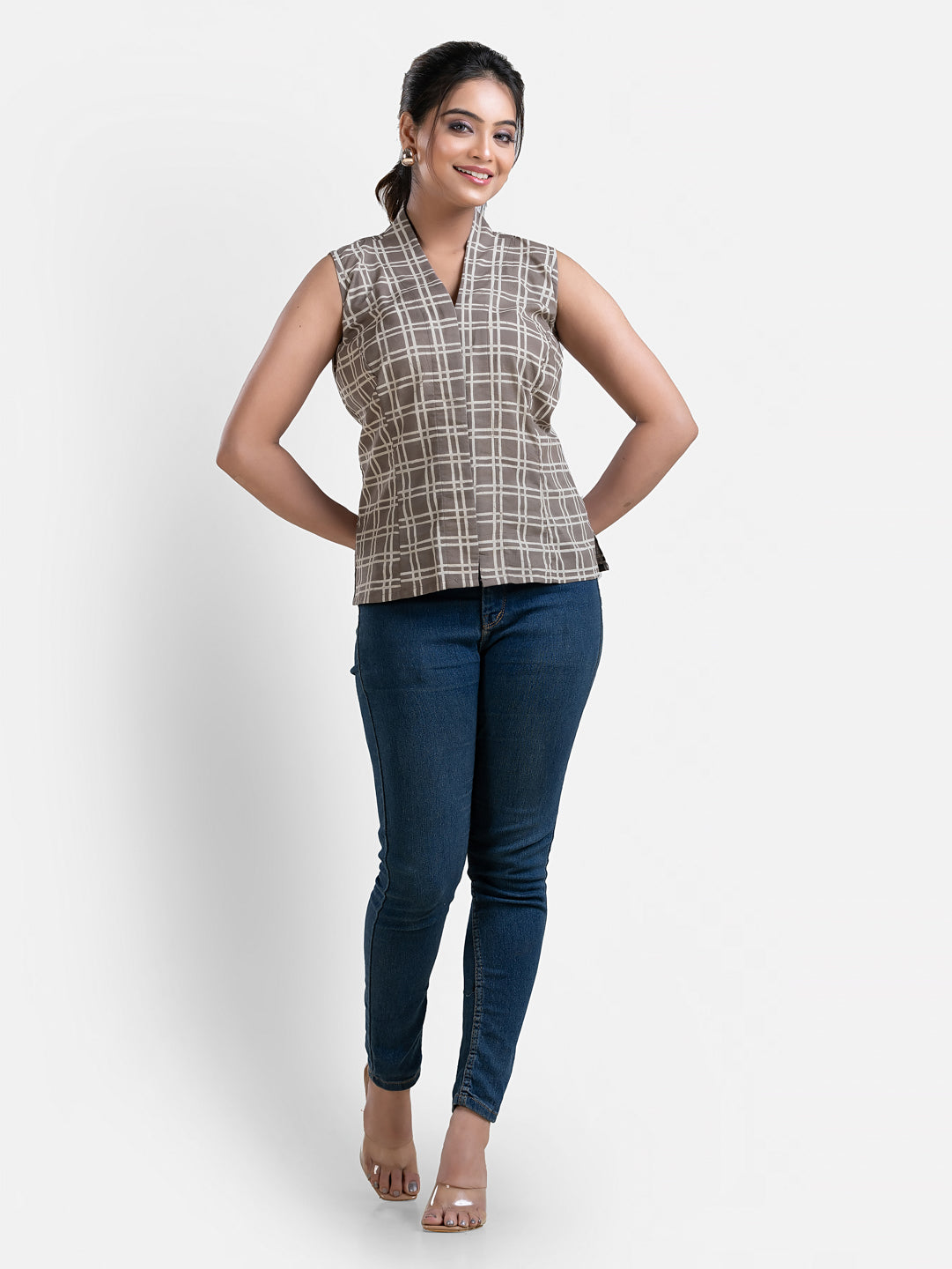 Women's V Neck Sleeveless Grey Cotton Top