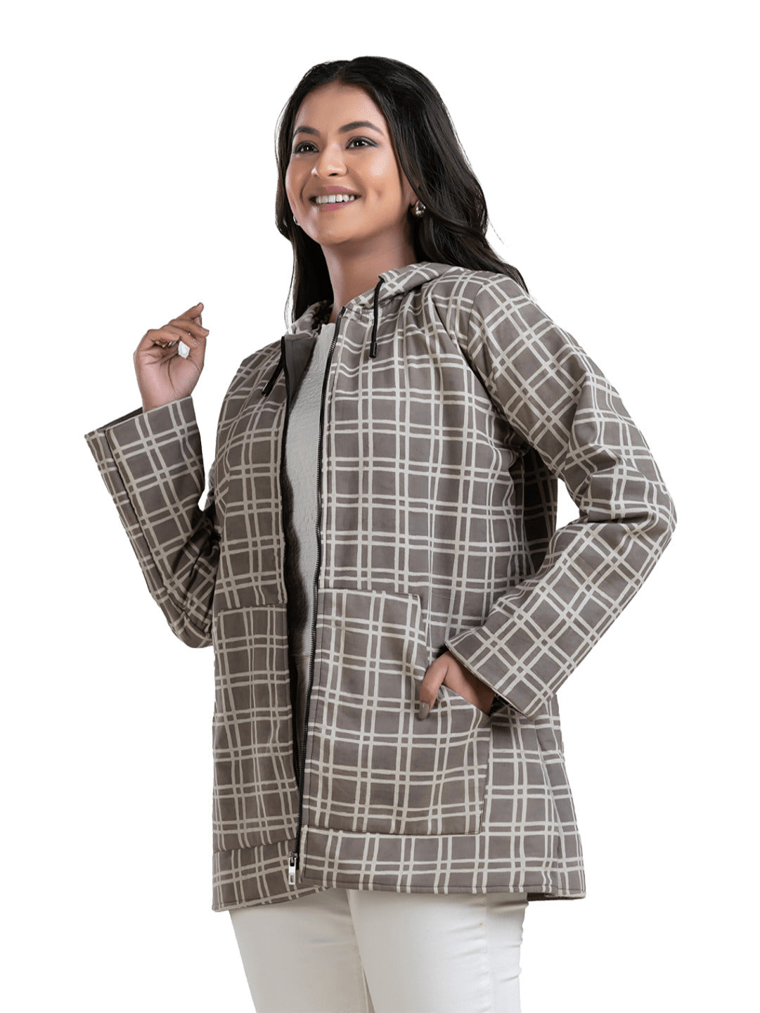 Women's Grey Box Print Cotton Hooded Jacket - Crazy Needle Online