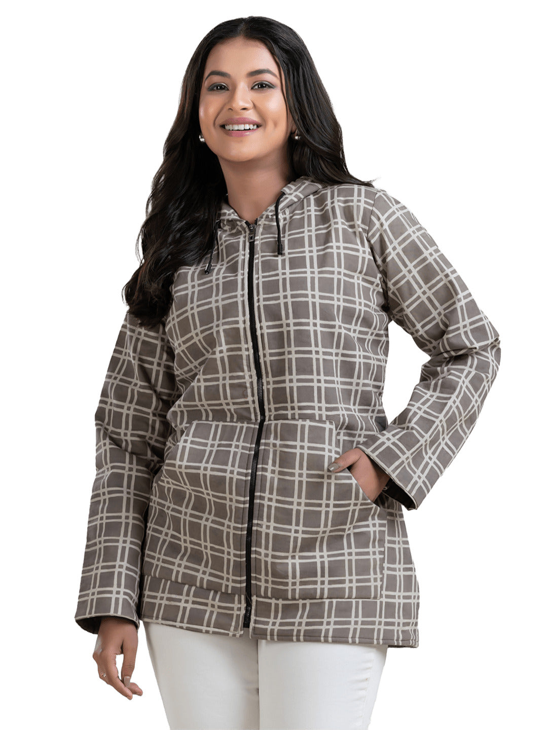 Women's Grey Box Print Cotton Hooded Jacket - Crazy Needle Online