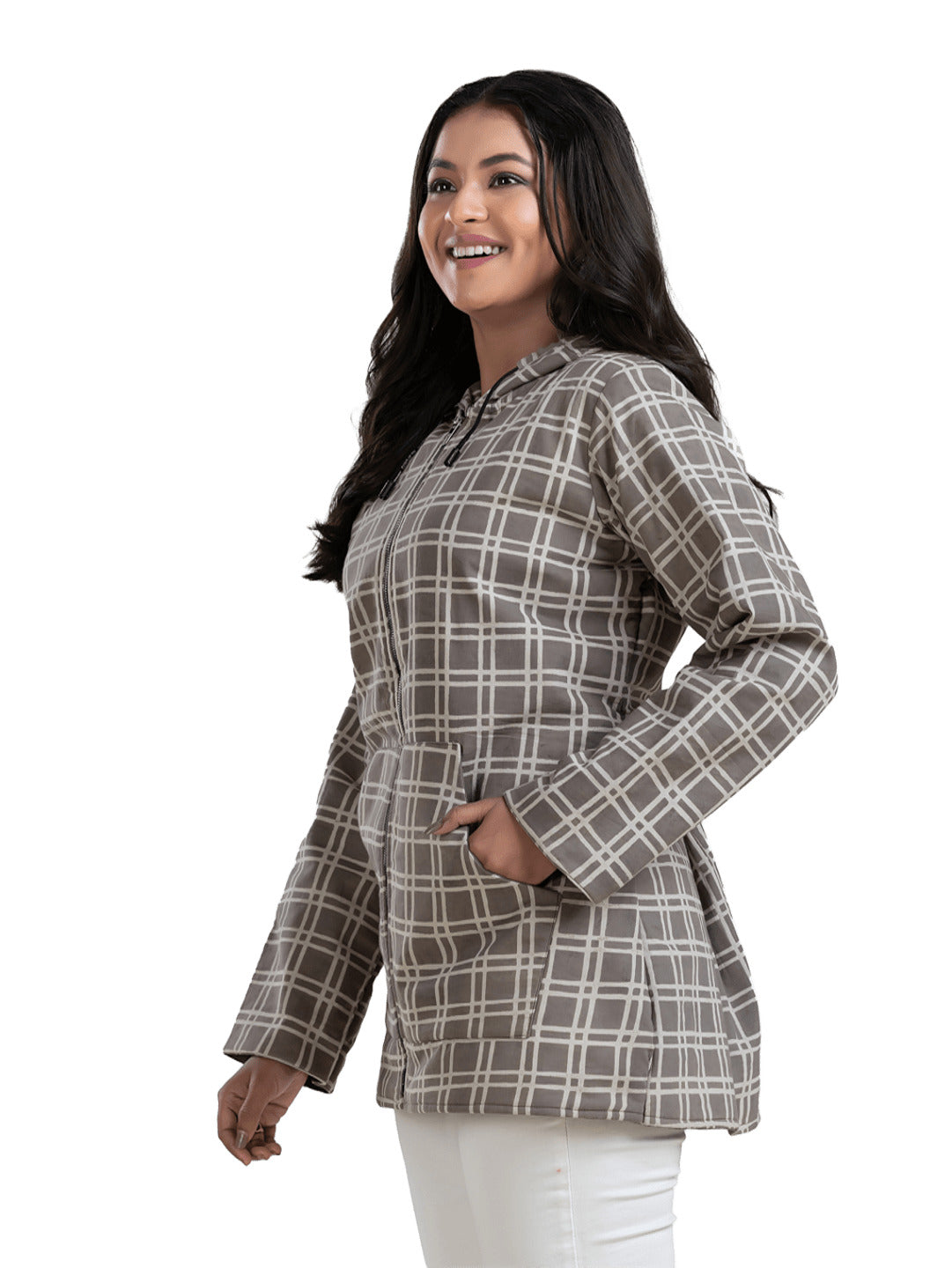 Women's Grey Box Print Cotton Hooded Jacket - Crazy Needle Online