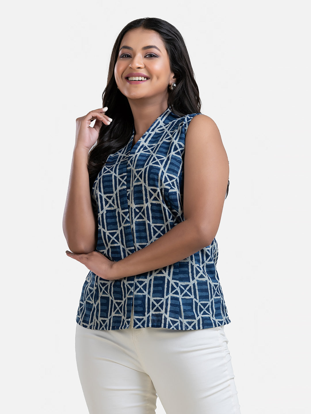 Women's V Neck Sleeveless Blue Cotton Top