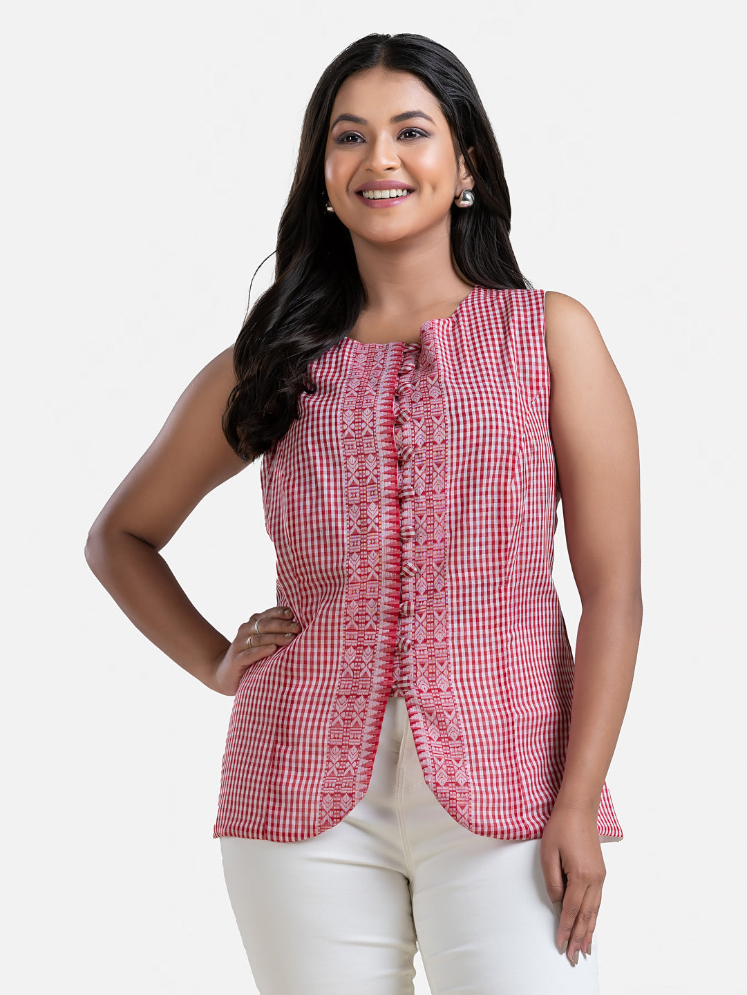Women's Dhonekhali red sleeveless top by Crazy Needle Online, featuring a stylish design and vibrant color.