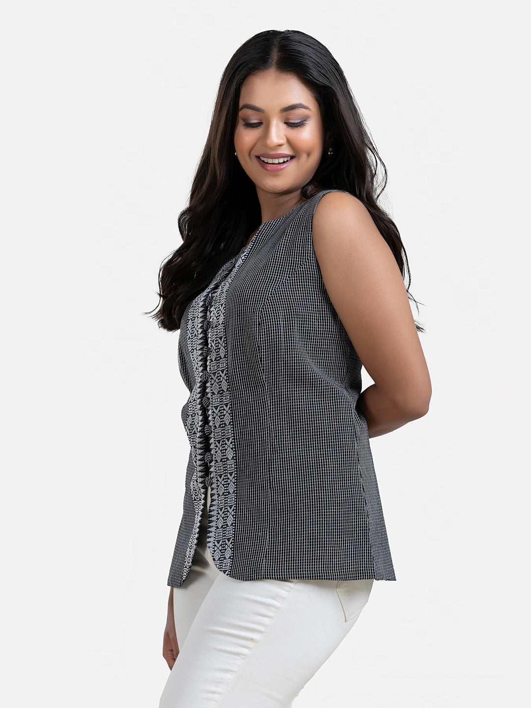 Black sleeveless women's top by Crazy Needle Online featuring a stylish Dhonekhali design and casual fit.