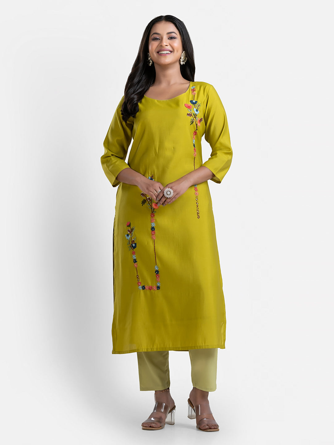 Women's 3/4 th sleeves Minimalistic Bloom Green Kurti