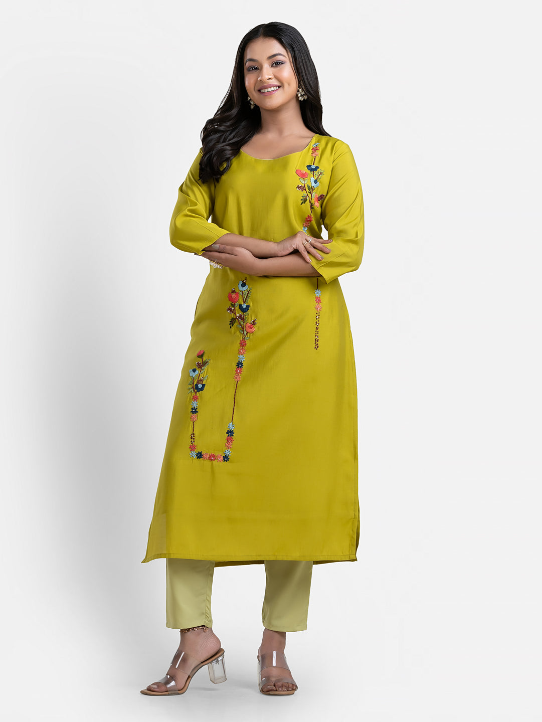 Women's 3/4 th sleeves Minimalistic Bloom Green Kurti