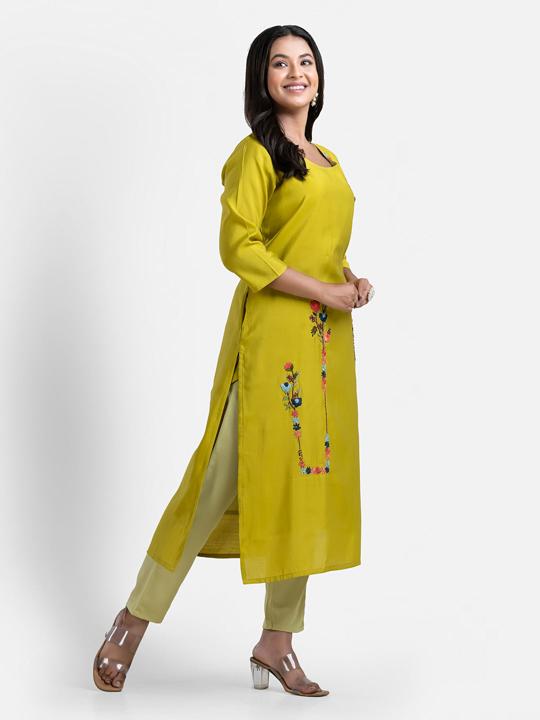 Women's 3/4 th sleeves Minimalistic Bloom Green Kurti