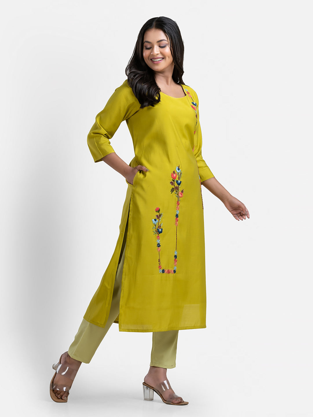 Women's 3/4 th sleeves Minimalistic Bloom Green Kurti
