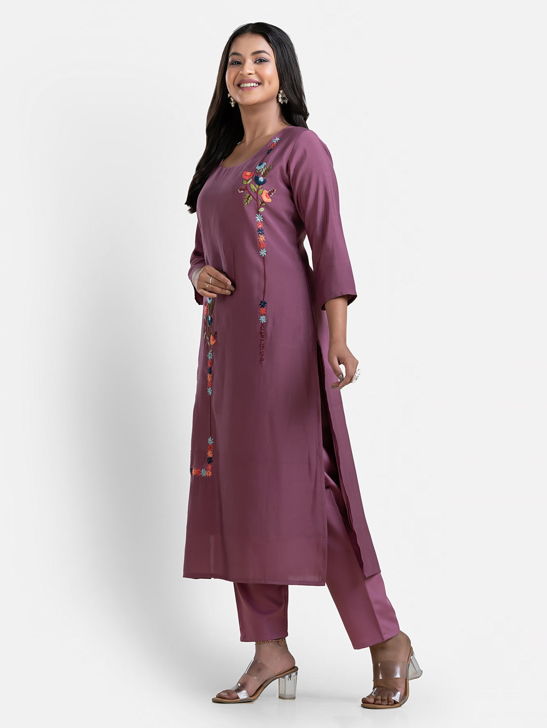 Women's 3/4 th sleeves Minimalistic Bloom Purple Kurti
