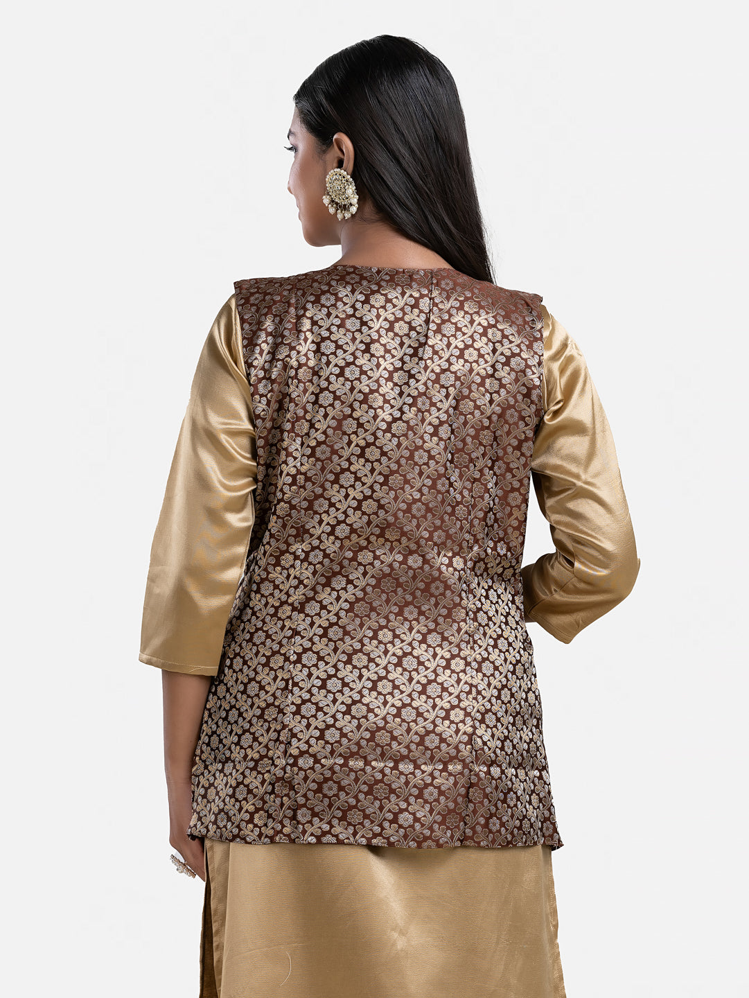 Brown sleeveless brocade jacket for women, stylish and elegant, featuring intricate pattern, from Crazy Needle Online.