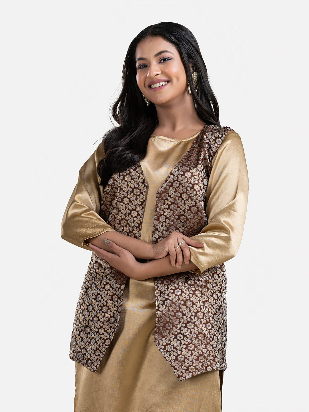 Women's brown sleeveless brocade jacket from Crazy Needle Online, featuring intricate embroidery and a stylish fit.