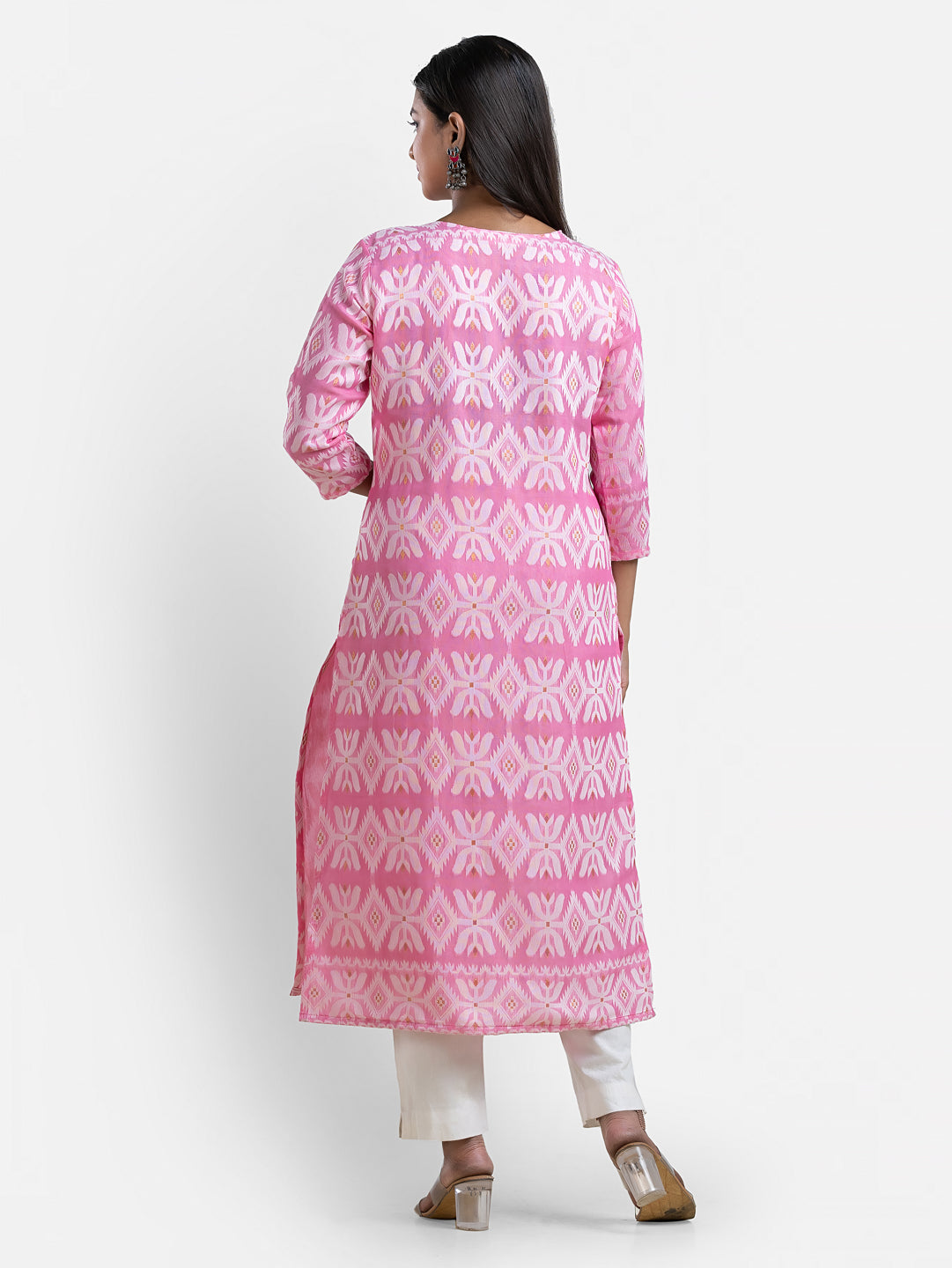 Pink Jamdani print women's kurti with matching dupatta, stylish traditional Indian attire from Crazy Needle Online.