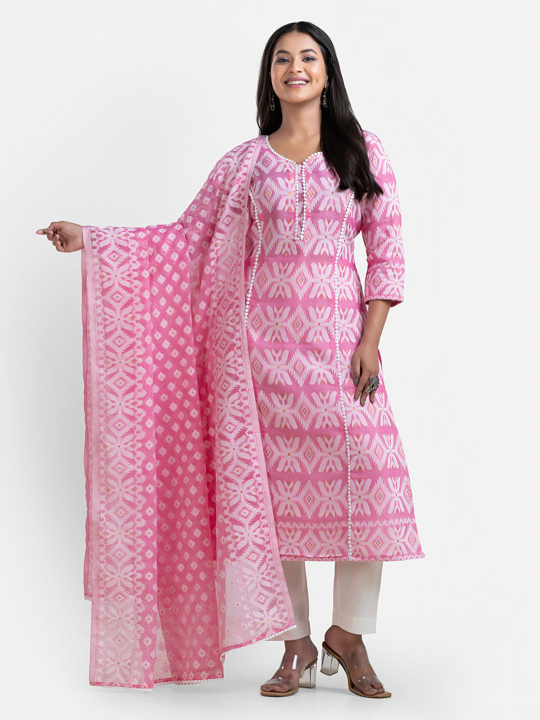 Pink Jamdani print women's kurti with matching dupatta, casual ethnic wear by Crazy Needle Online.