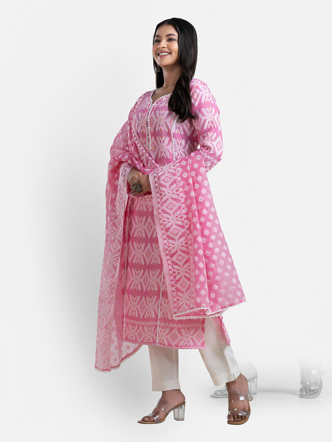 Pink Jamdani print women's kurti with matching dupatta, stylish Indian traditional attire by Crazy Needle Online.