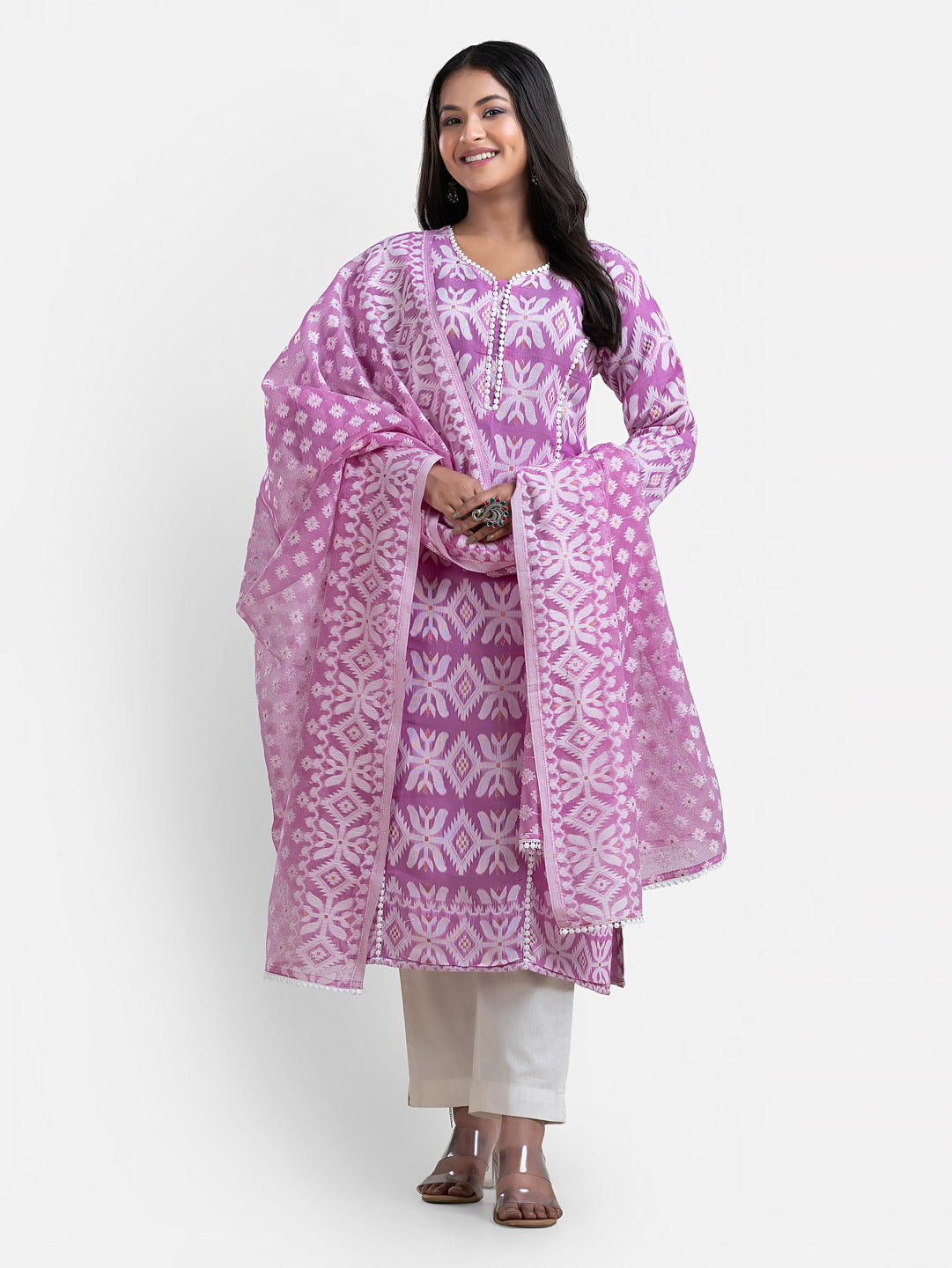 Women's purple Jamdani print kurti with matching dupatta, stylish traditional Indian attire by Crazy Needle Online.