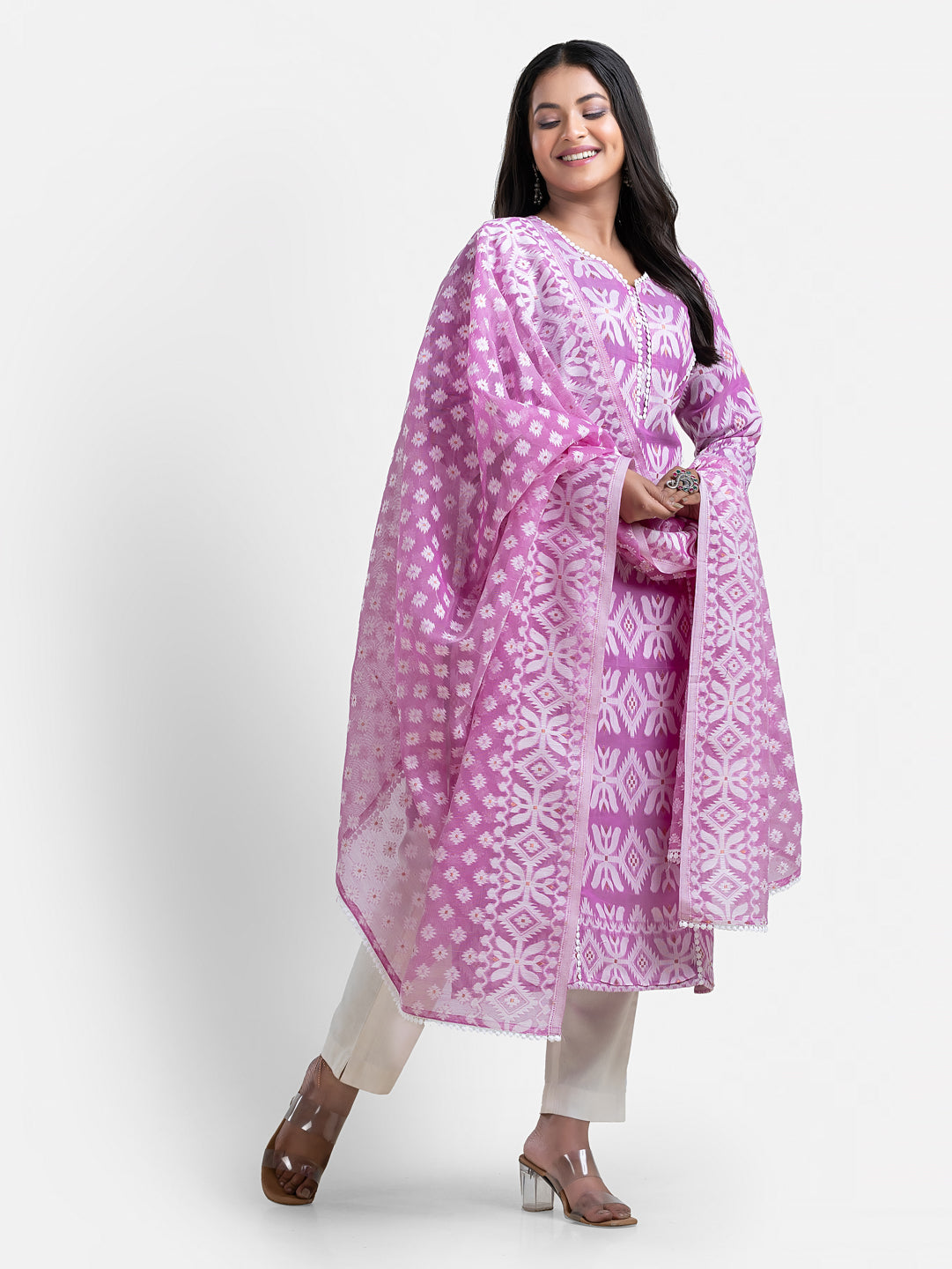 Women’s purple Jamdani print kurti with matching dupatta, traditional Indian attire by Crazy Needle Online.