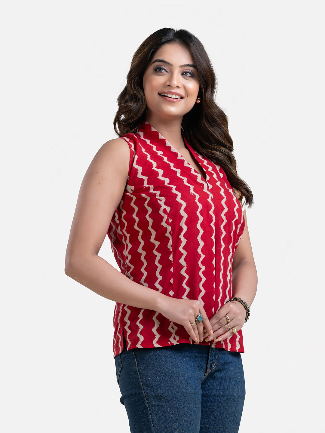 Women's V Neck Sleeveless Red Cotton Top