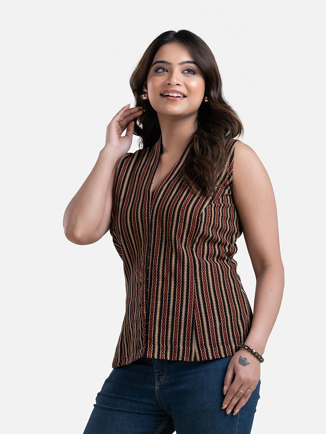 Women's V Neck Sleeveless Brown Cotton Top