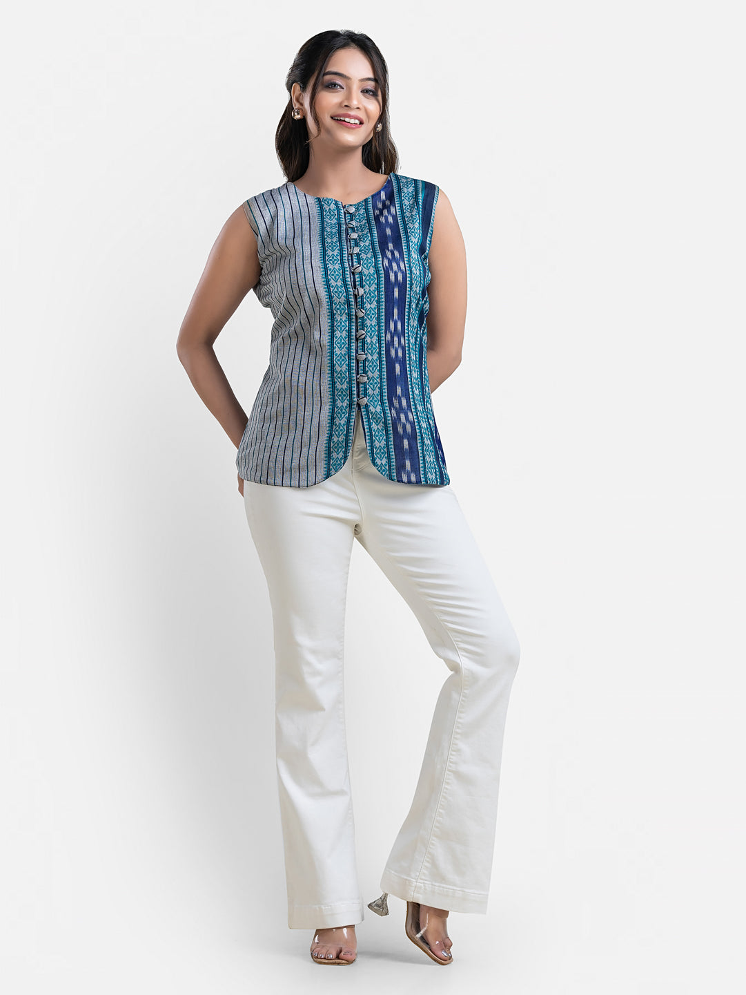 Women’s Dhonekhali Blue Sleeveless Top by Crazy Needle Online, lightweight top with sleeveless design and vibrant blue fabric.