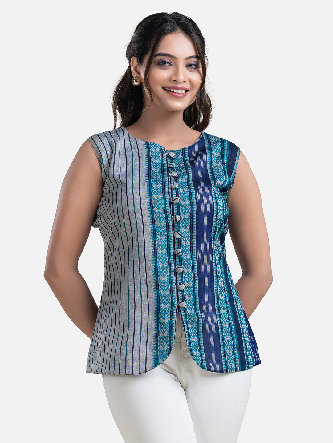 Blue sleeveless women's top by Crazy Needle Online, Dhonekhali style, featuring a comfortable fit and stylish design.