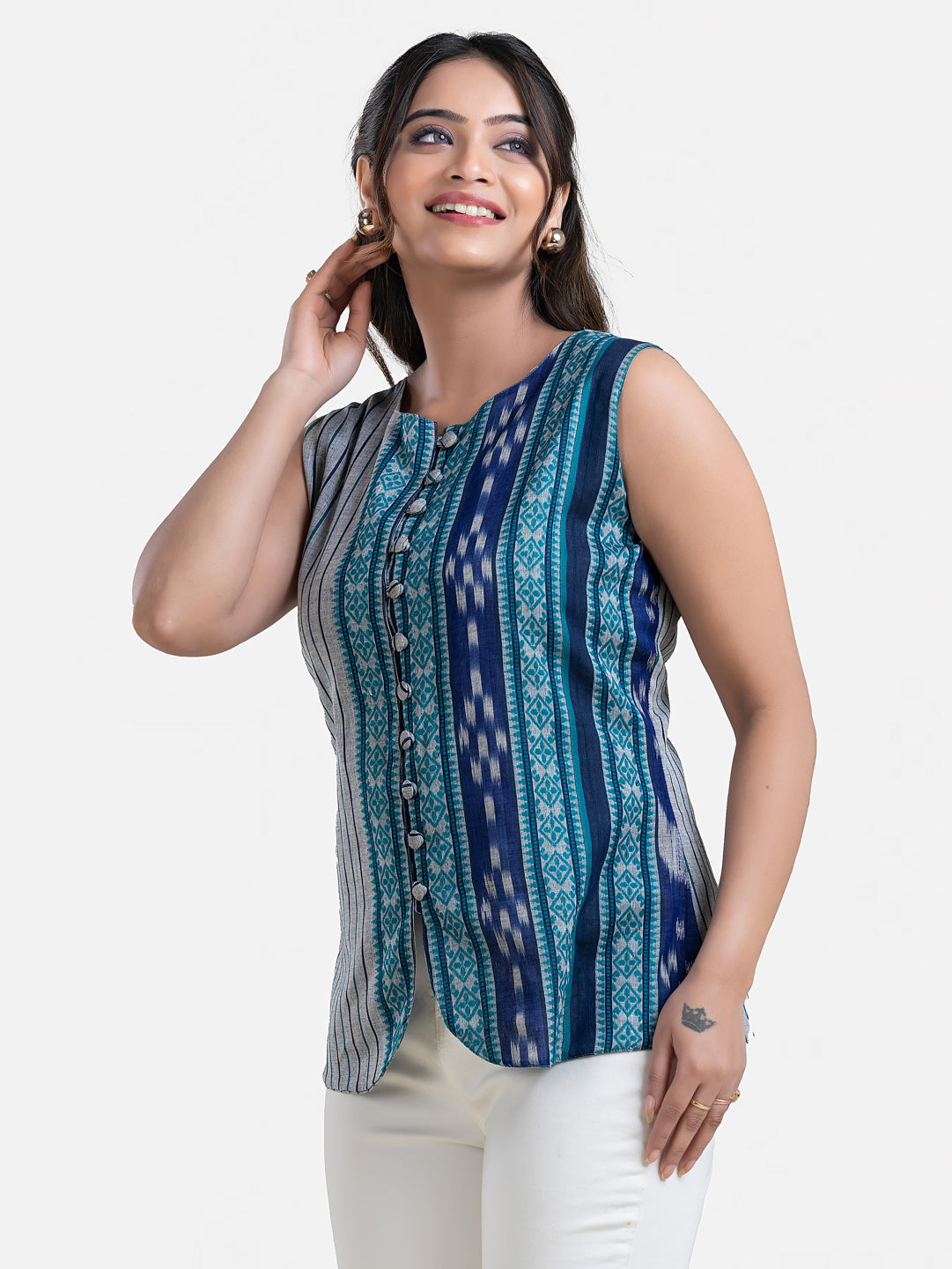 Blue sleeveless women's top by Crazy Needle Online, Dhonekhali style, featuring a comfortable fit and stylish design.
