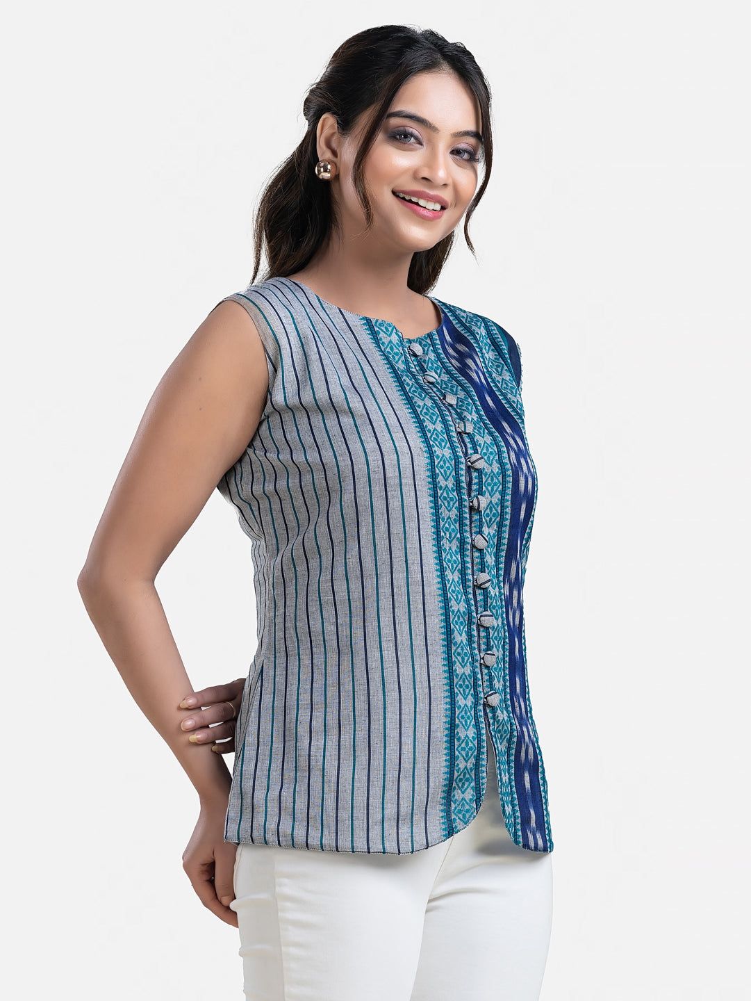 Women's Dhonekhali Blue sleeveless top by Crazy Needle Online, featuring a stylish and comfortable design.