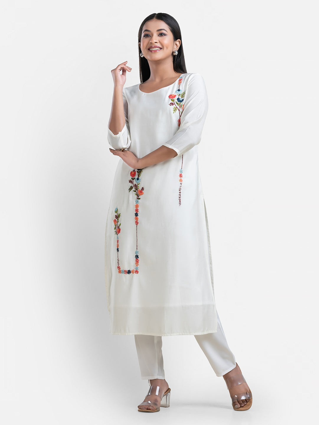 Women's 3/4 th sleeves Minimalistic Bloom White Kurti
