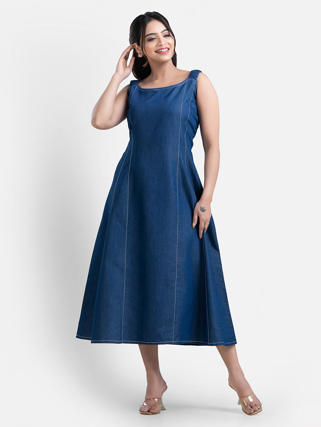 Women's sleeveless denim long dress from Crazy Needle Online, featuring a casual fit and classic denim fabric.