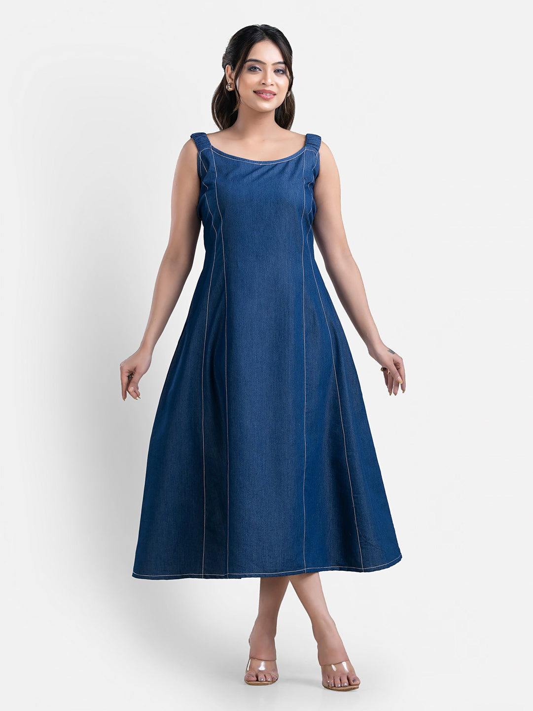 Women's sleeveless denim long dress from Crazy Needle Online, featuring a casual fit and classic blue denim fabric.