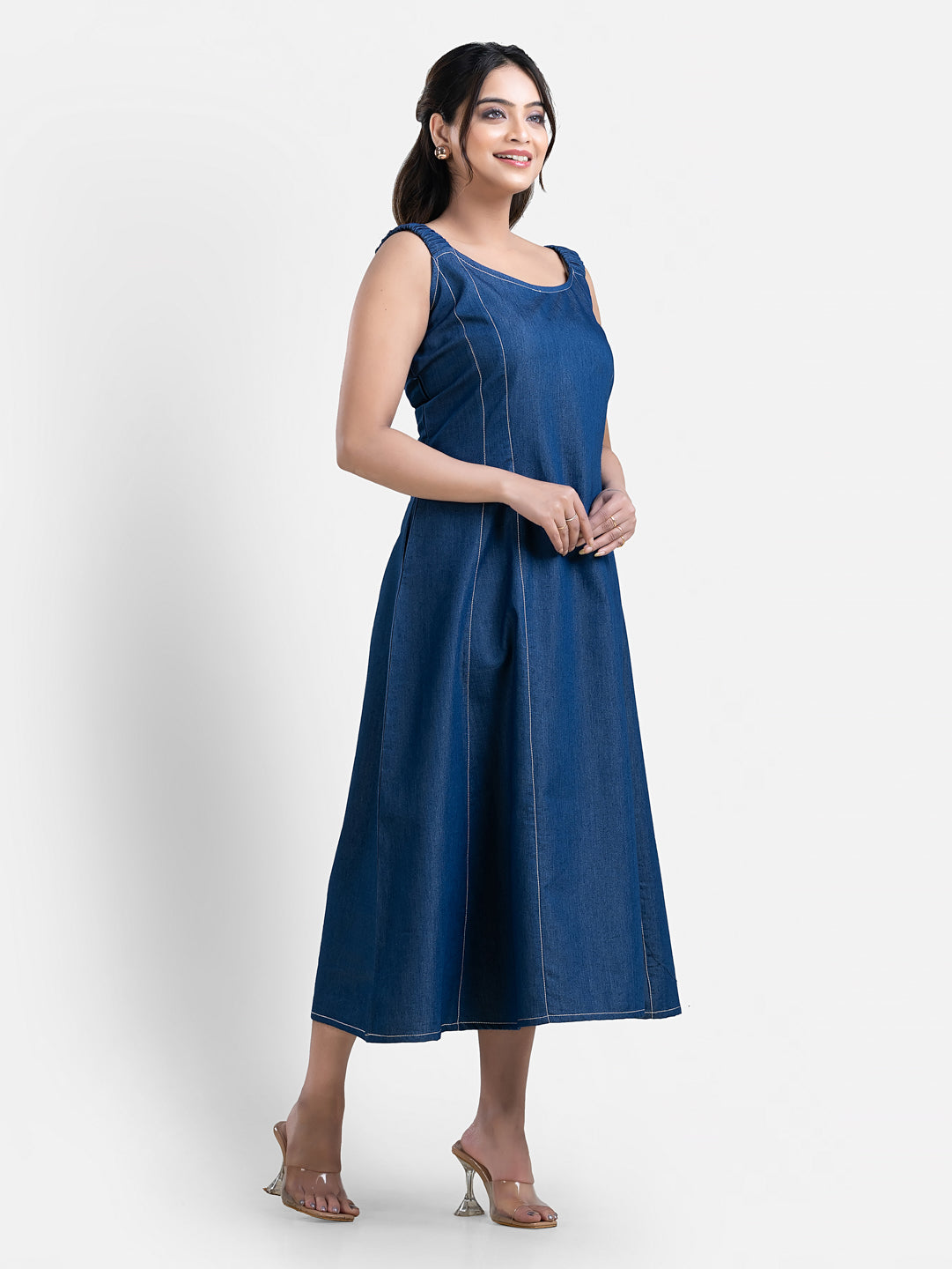 Women's sleeveless denim long dress by Crazy Needle Online, featuring a casual, relaxed fit and classic denim fabric.