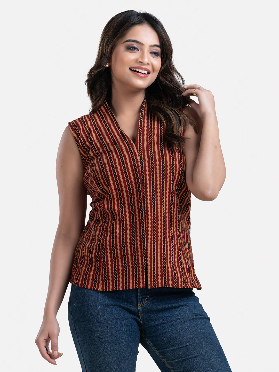 Women's V Neck Sleeveless Maroon Cotton Top