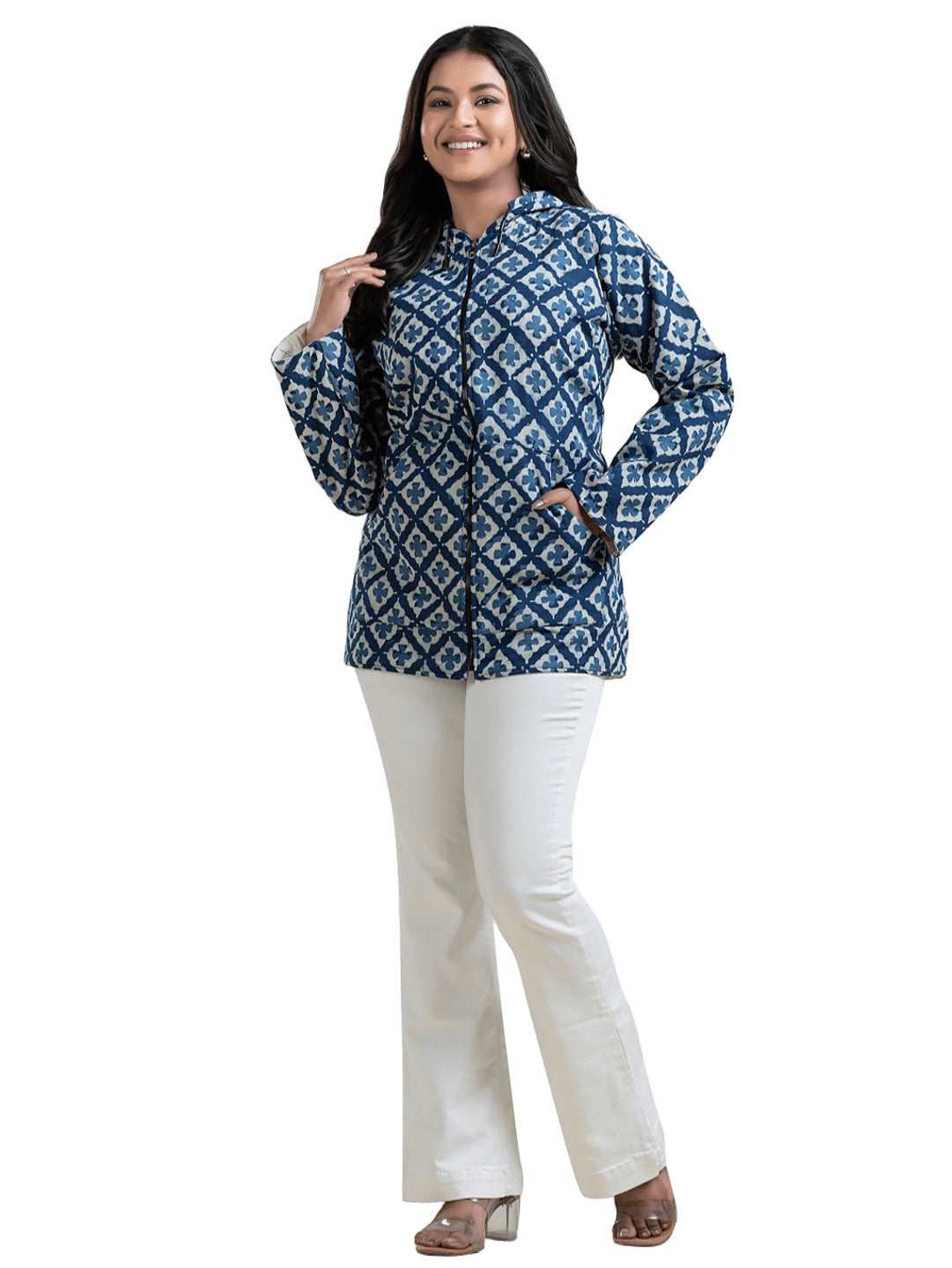 Women's Blue Cotton Hooded Jacket - Crazy Needle Online