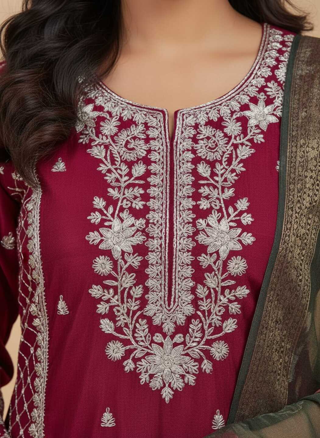 Maroon women's kurti pant set with dupatta, featuring traditional embroidery, from Crazy Needle Online, shown in four images.
