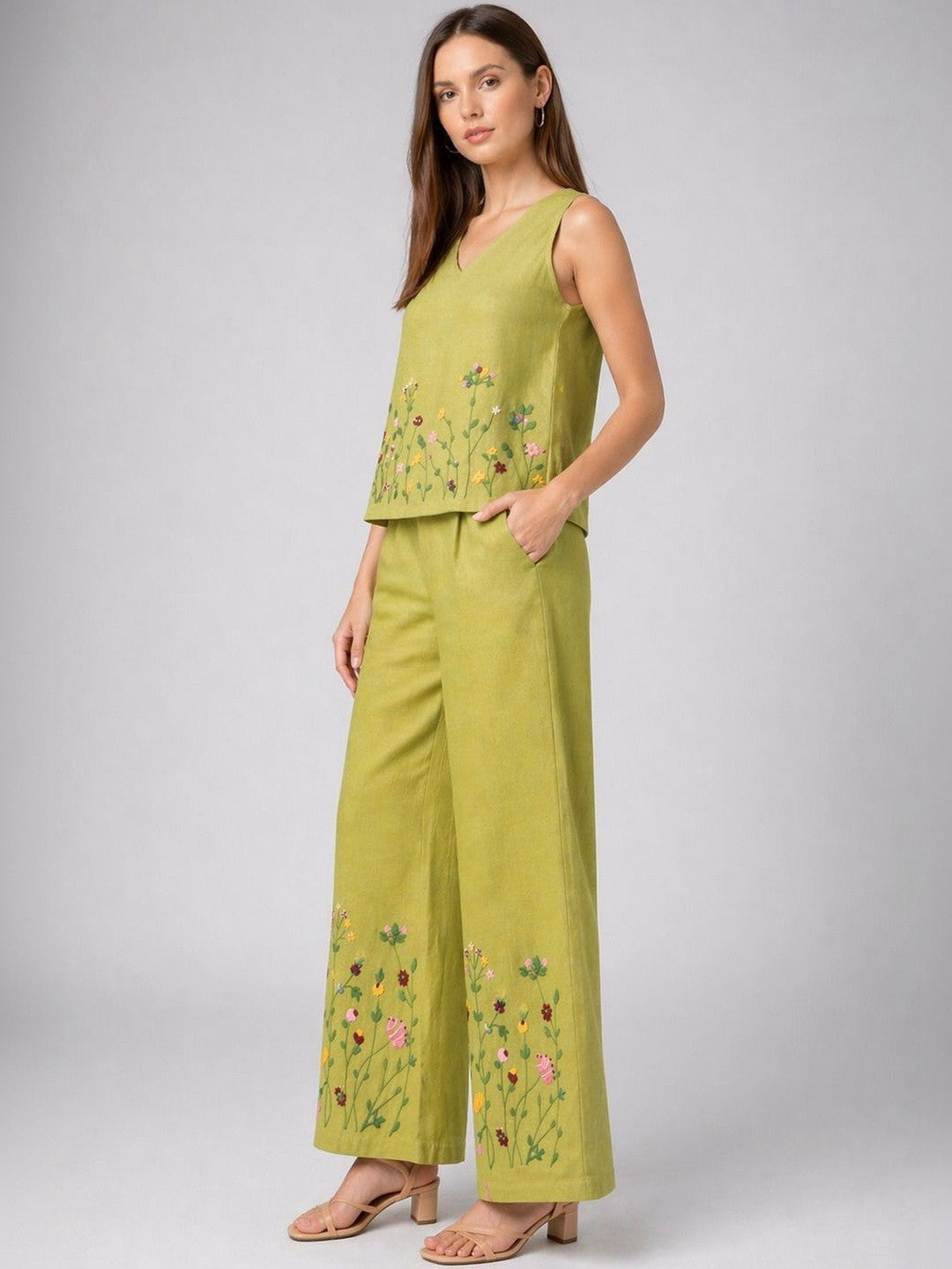 Women’s Green Embroidered Co-Ord Set Sleeveless Top With Wide Leg Pants