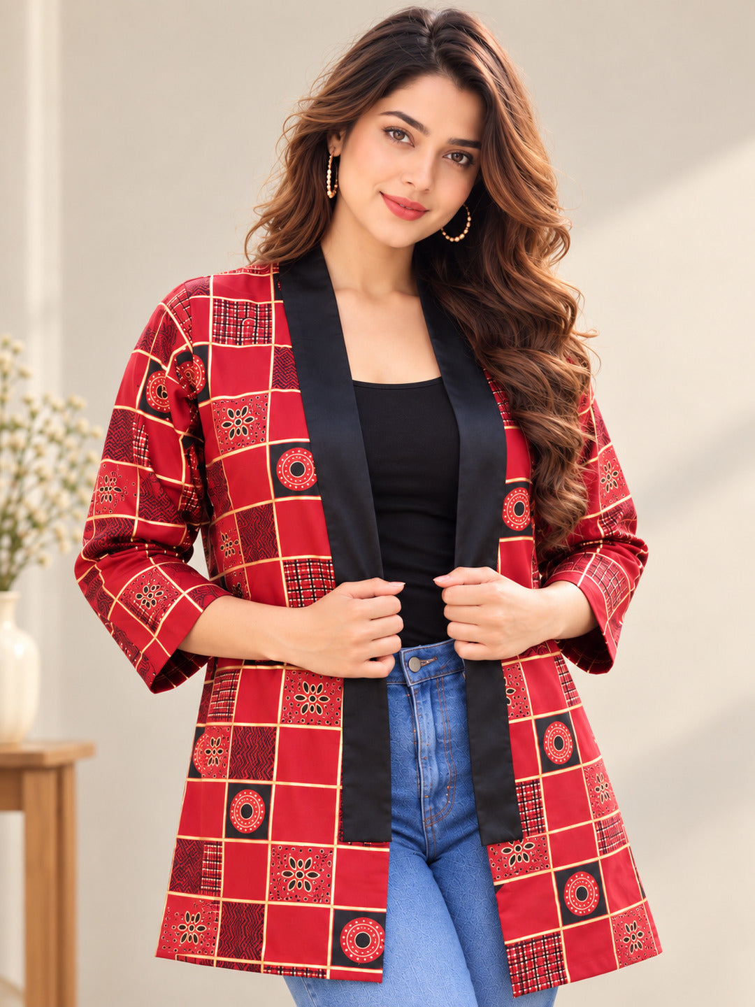 Women’s red geometric printed longline shrug by Crazy Needle Online, featuring a stylish open-front design and long sleeves.