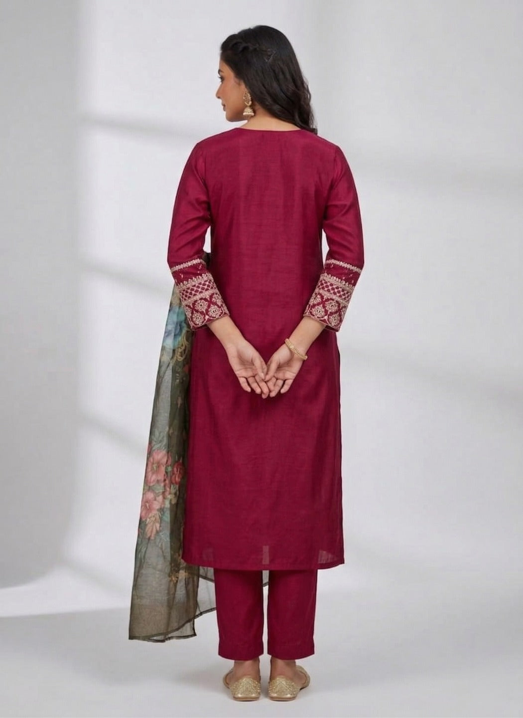 Women's maroon kurti pant set with dupatta from Crazy Needle Online, featuring traditional embroidery and comfortable fit.