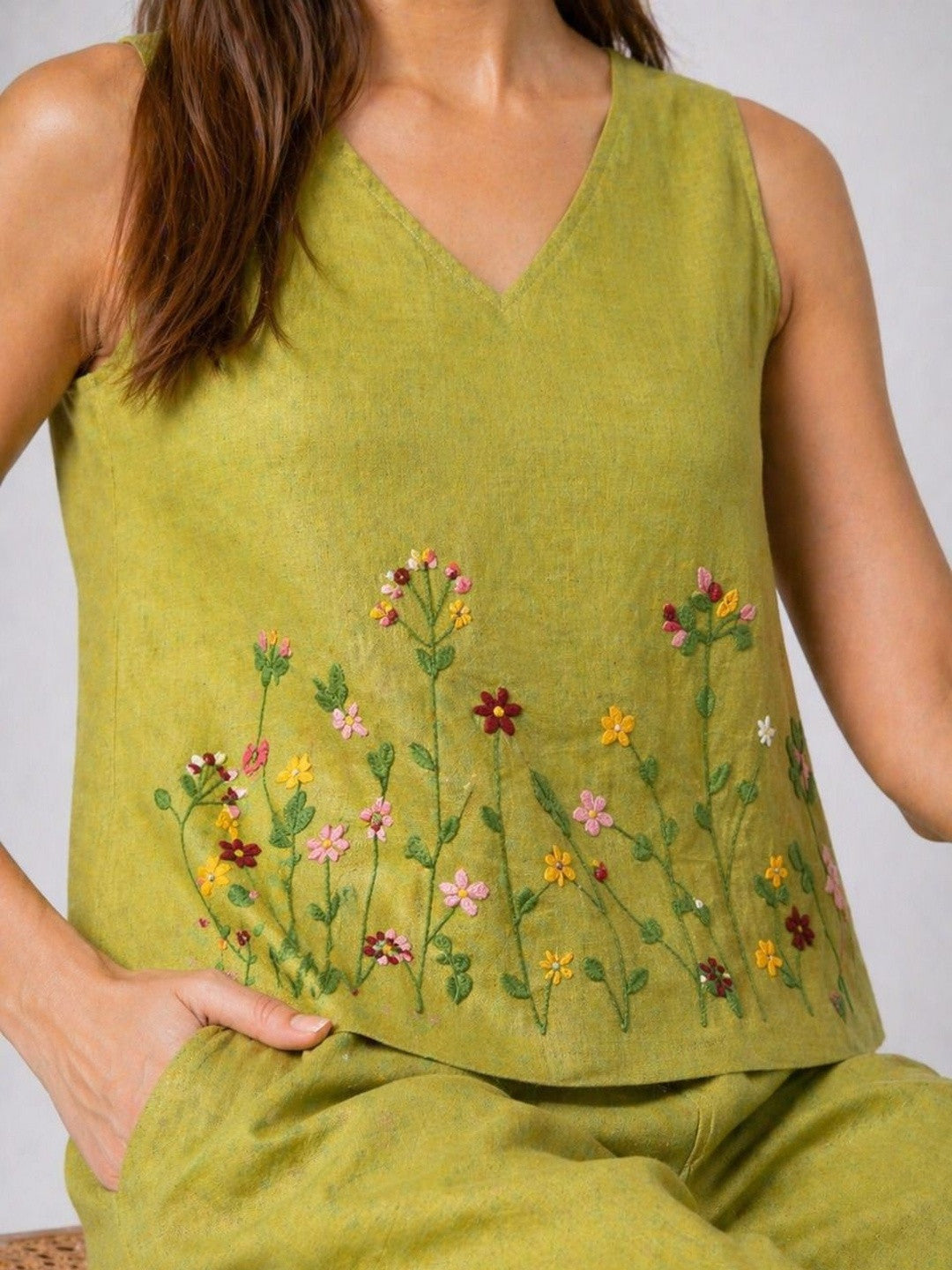 Women’s green embroidered co-ord set with sleeveless top and wide-leg pants, stylish casual outfit from Crazy Needle Online.