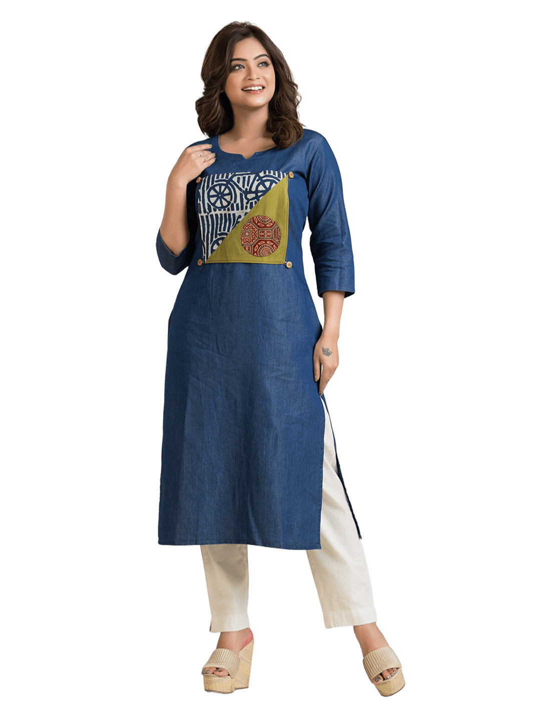 Women's 3/4 Sleeves Detachable Patchwork Denim Blue Kurta
