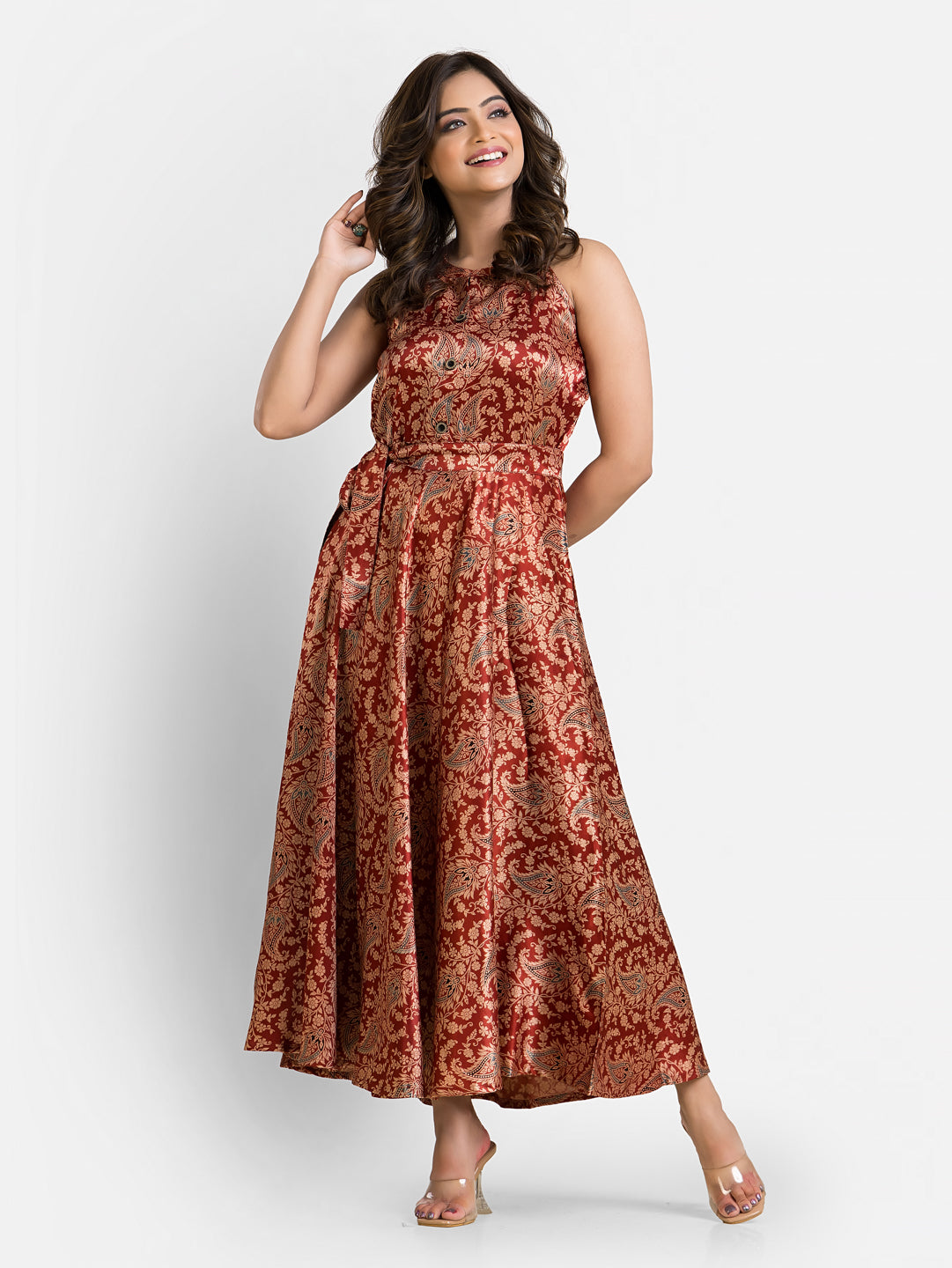 Women's Halterneck Red Mashru Silk Dress