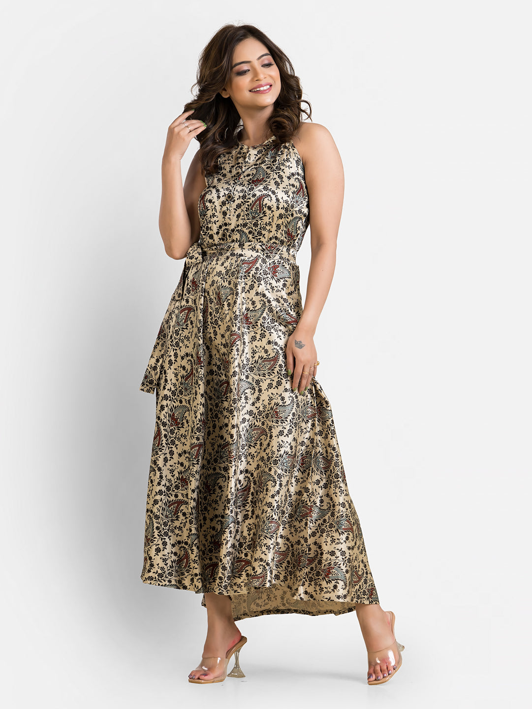 Women's Halterneck Black Mashru Silk Dress