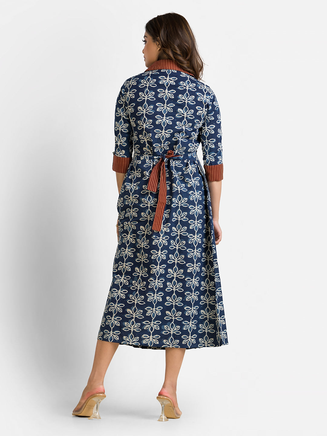 Women's Handblock Print Navy Coat Collar Dress