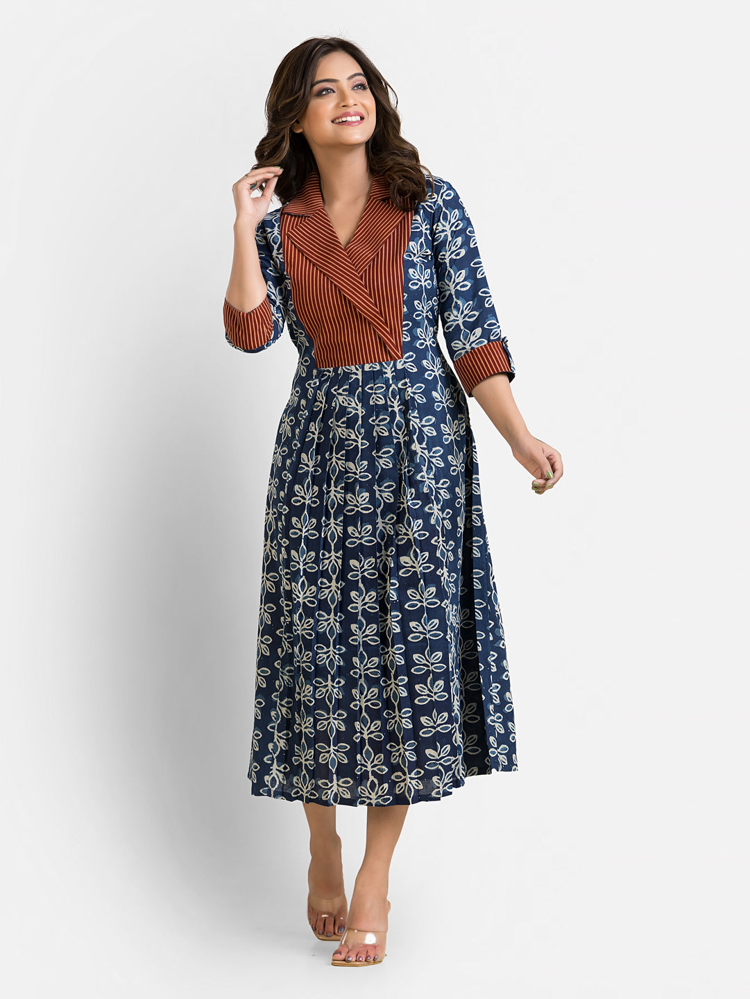 Women's Handblock Print Navy Coat Collar Dress