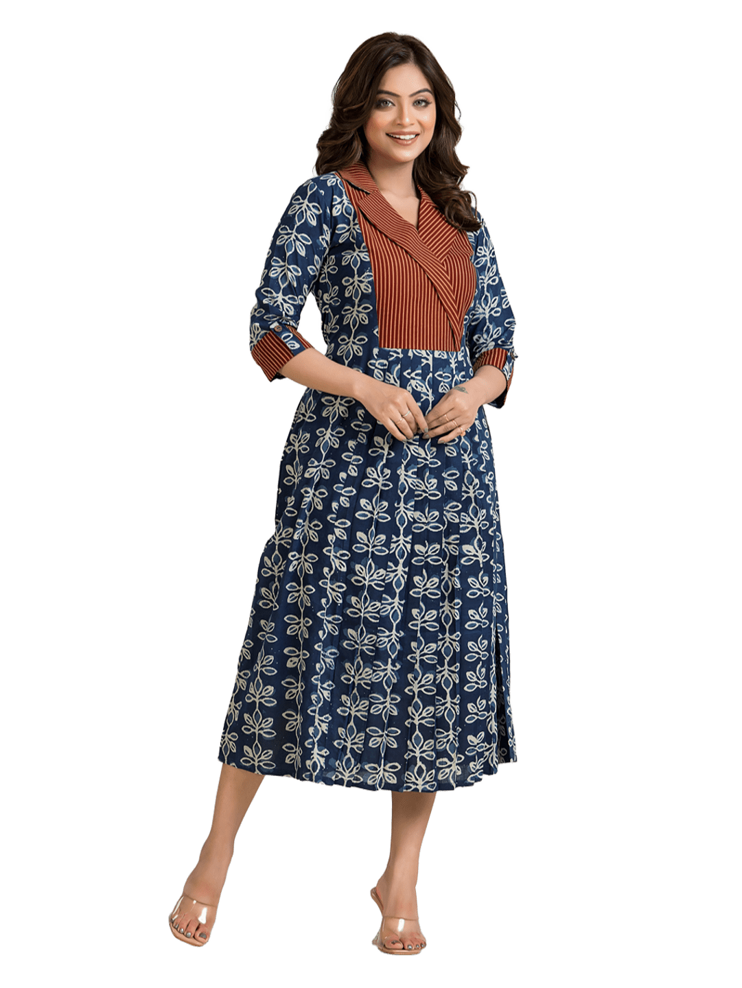 Women's Handblock Print Navy Coat Collar Dress