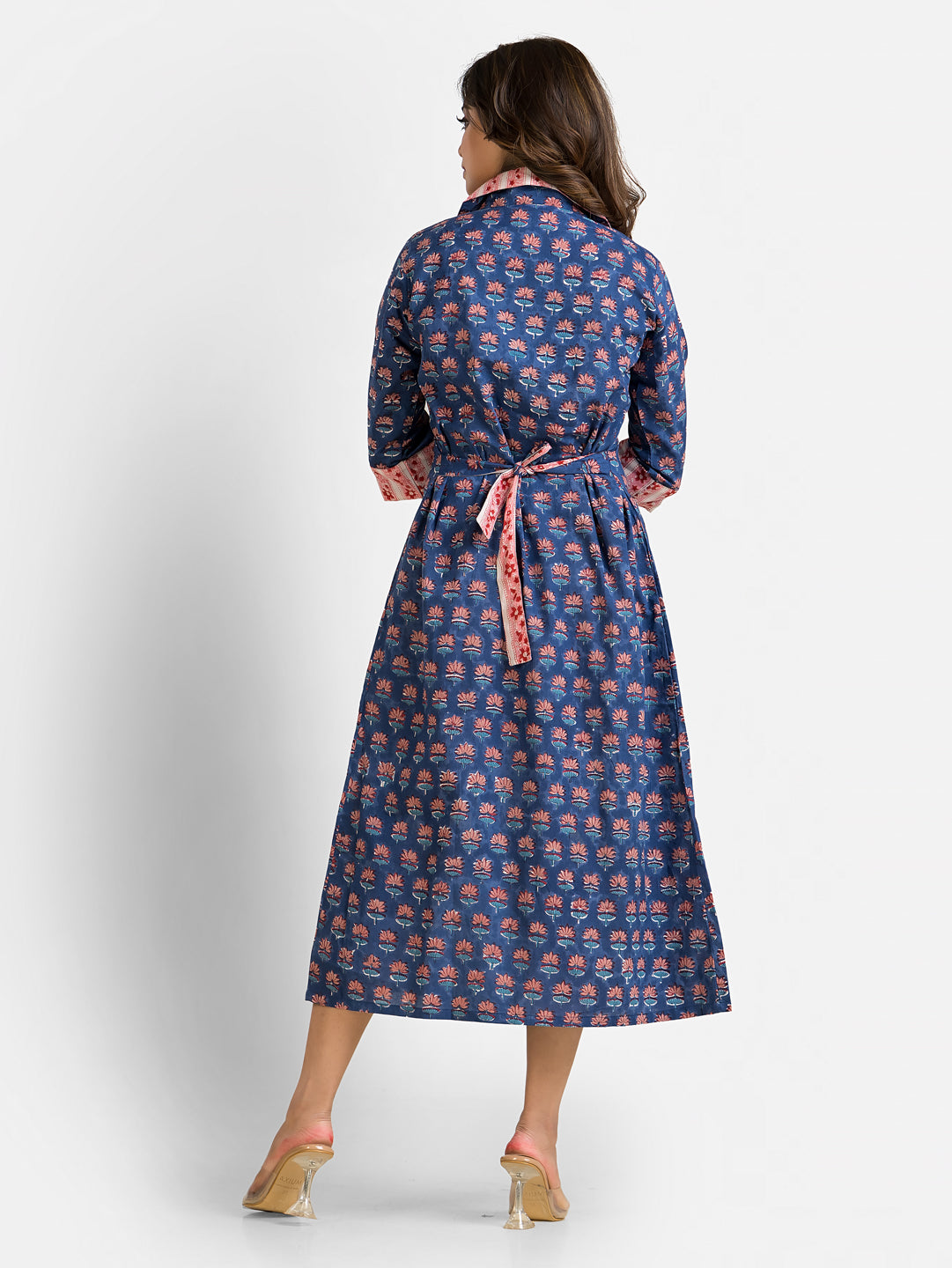 Women's Sanganeri Print Blue Coat Collar Dress