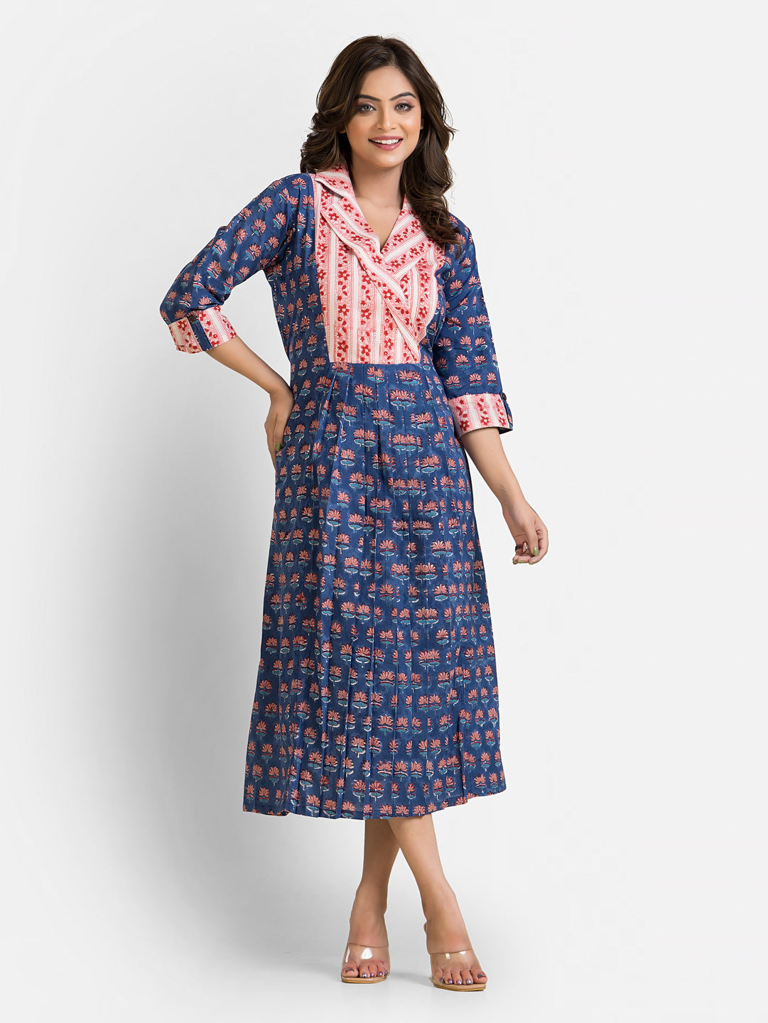 Women's Sanganeri Print Blue Coat Collar Dress