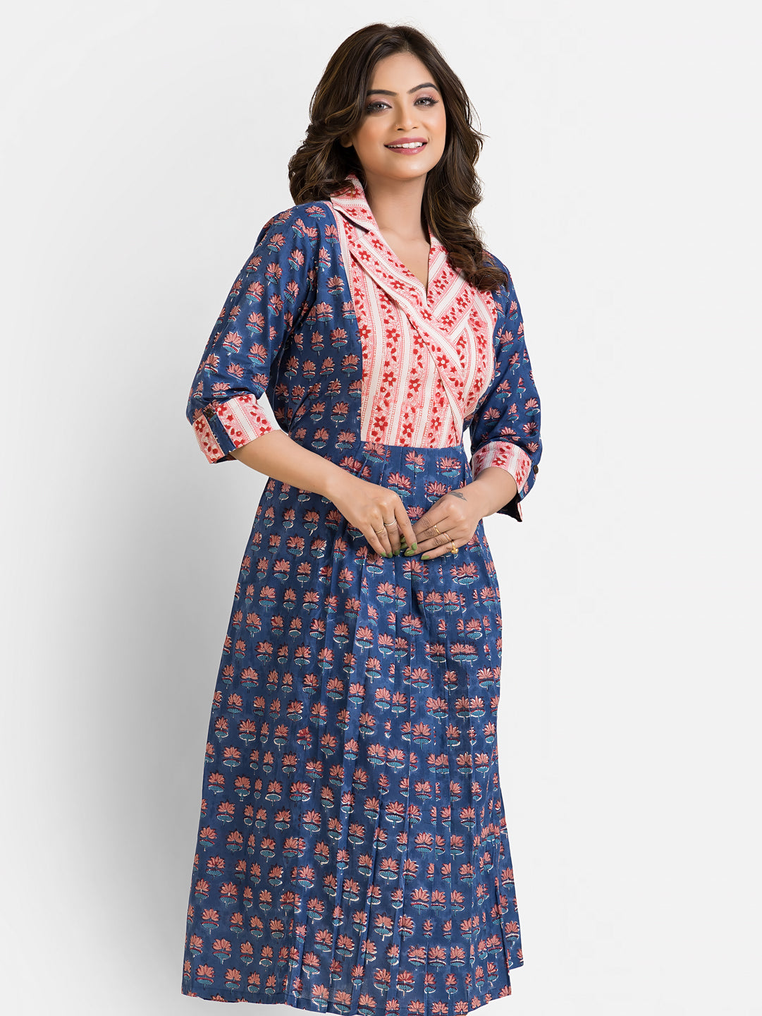 Women's Sanganeri Print Blue Coat Collar Dress