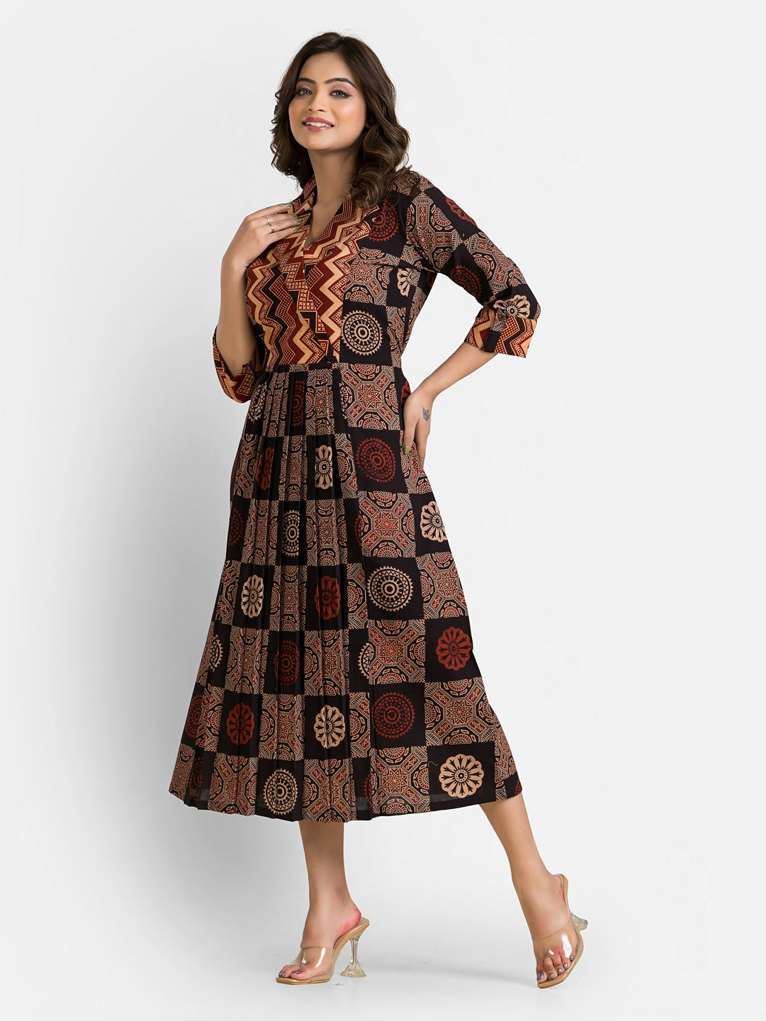 Women's Handblock Print Brown Coat Collar Dress